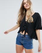 Asos Tie Front Blouse With Frill Sleeve - Black