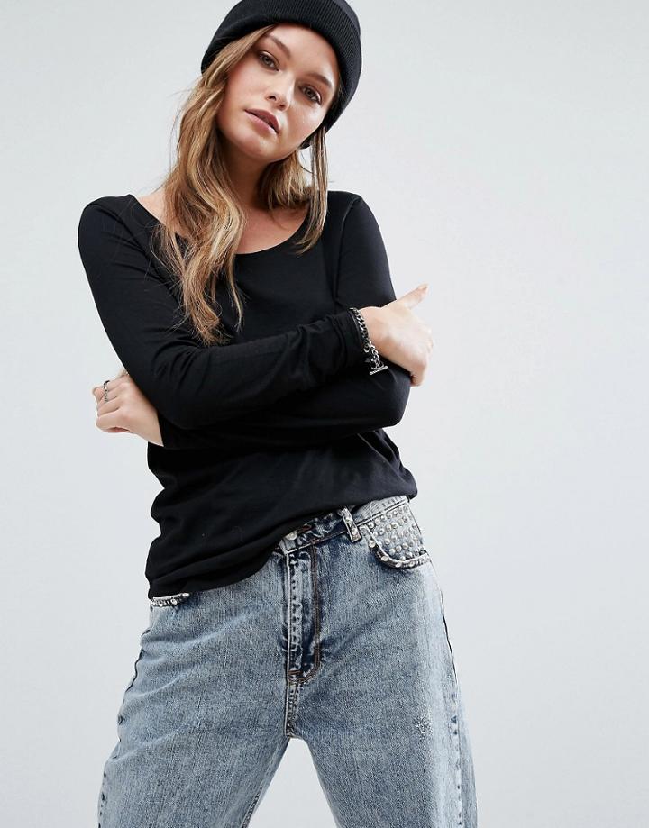 New Look Curved Hem Long Sleeve Top - Black
