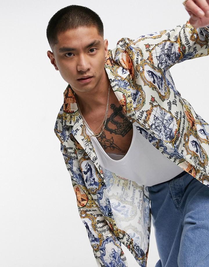 Asos Design Regular Deep Camp Collar Satin Shirt In All Over Renaissance Print-blues
