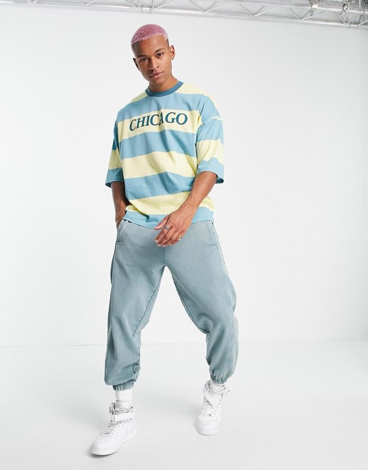 Asos Design Oversized Stripe T-shirt With City Print In Green & Yellow