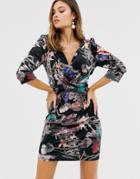 Little Mistress Floral V Neck Long Sleeve Bodycon Dress