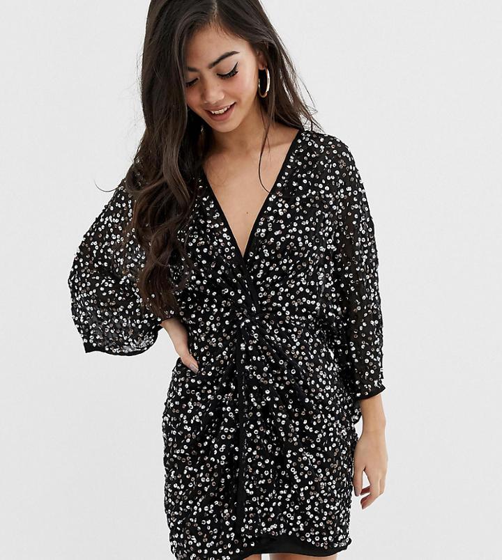 Asos Design Petite Scatter Sequin Knot Front Kimono Mini Dress - Multi