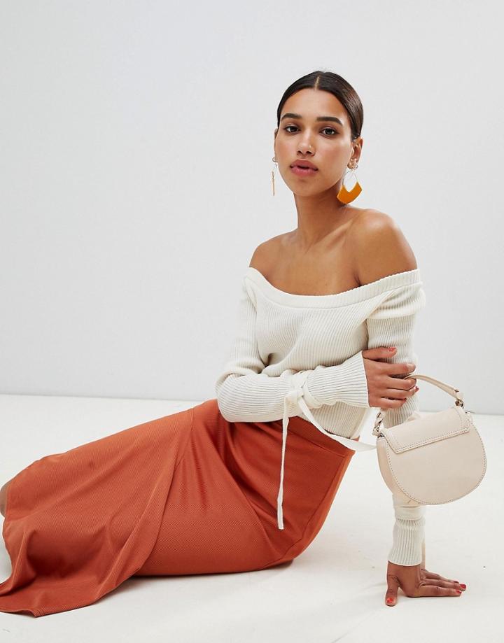 Boohoo Tie Cuff Bardot Sweater - Cream