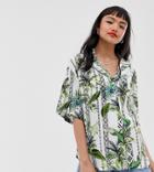 Asos Design Petite Short Sleeve Longline Shirt In Hawaiian Tropical Shirt - Multi