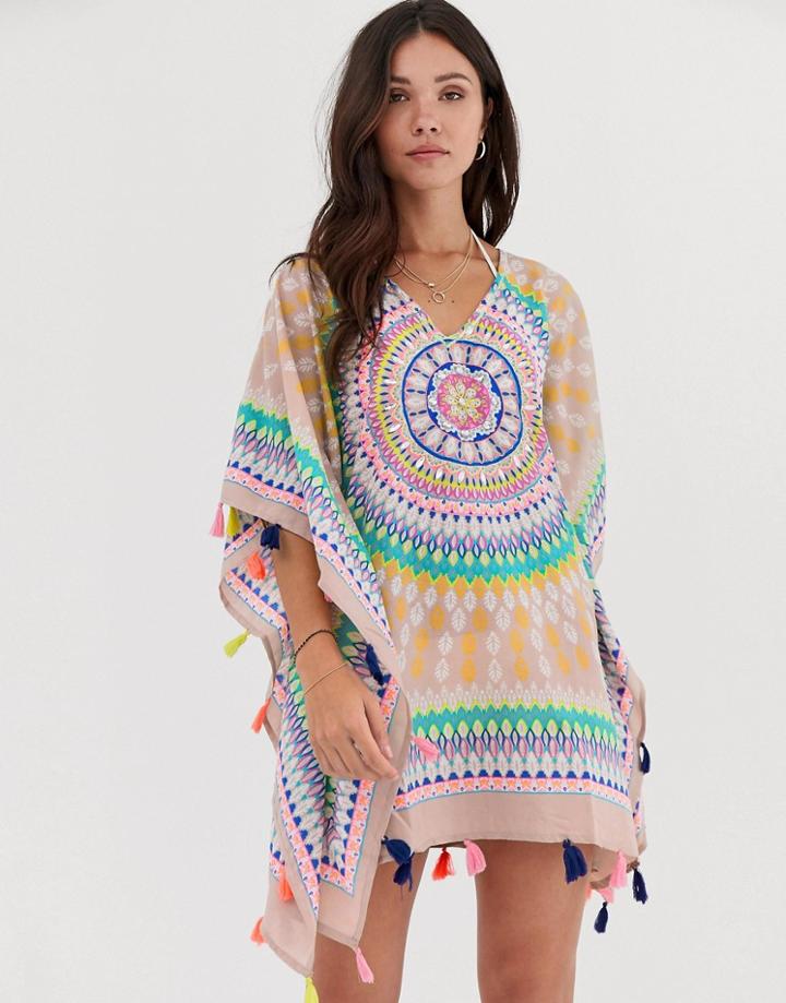 Anmol Pastel Printed Beach Caftan With Tassel Trim - Multi