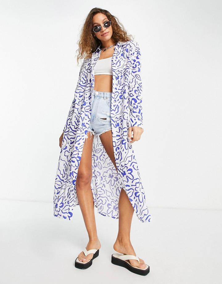 Topshop Sketch Print Maxi Beach Shirt In Multi-blue