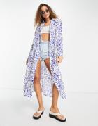 Topshop Sketch Print Maxi Beach Shirt In Multi-blue