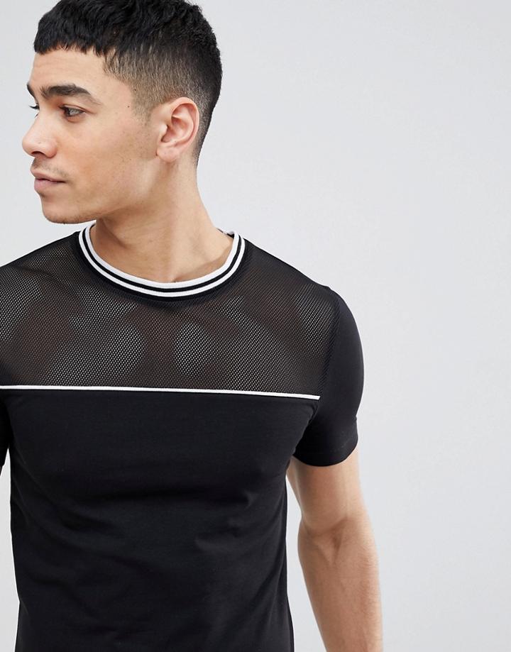 Asos Design Muscle T-shirt With Mesh Front And Tipping In Black - Black