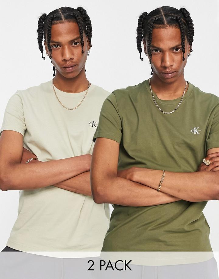 Calvin Klein Jeans 2 Pack Monogram T-shirts In Stone/tan-brown