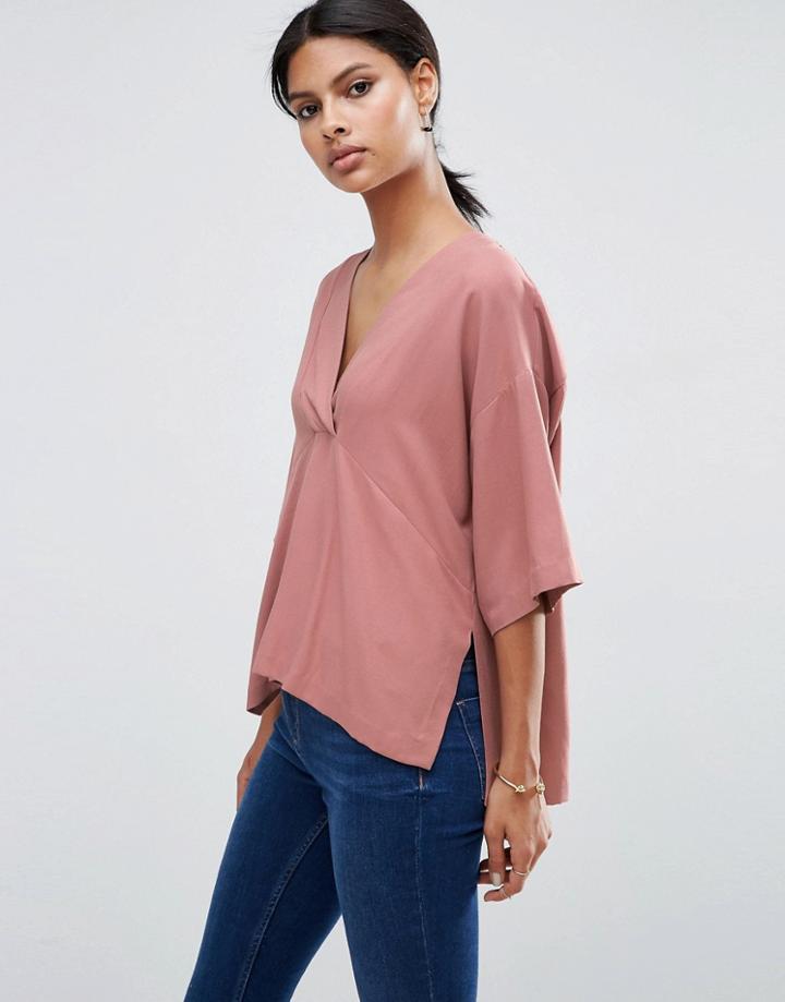 Asos V Neck Kimono Top In Soft Twill - Pink