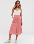 Asos Design Midi Skirt With Button Front - Pink