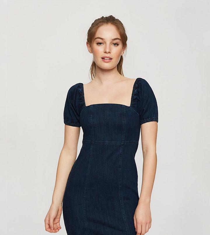 Miss Selfridge Petite Denim Puff Sleeve Dress In Blue-blues