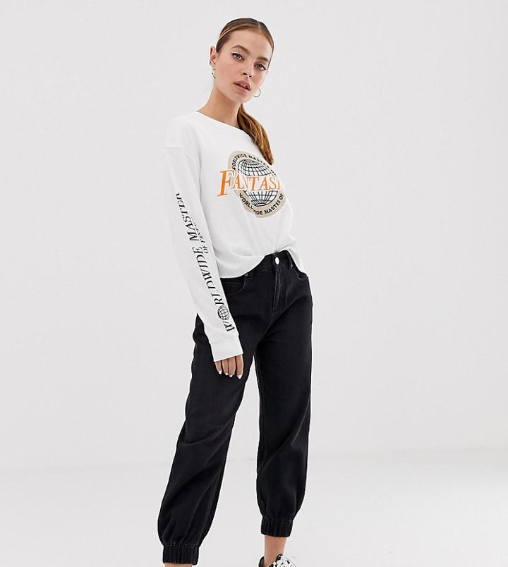 Asos Design Petite Slouch Denim Track Pant In Washed Black With Elasticated Cuff