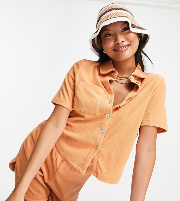 Pieces Petite Organic Cotton Blend Terry Polo Top In Camel - Part Of A Set-neutral