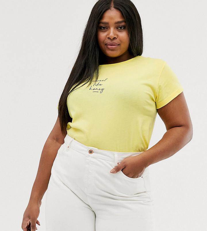 New Look Curves Honey Slogan Tee In Lemon Yellow