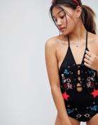 Signature 8 Embroidered Lace Front Halter Neck Swimsuit - Black