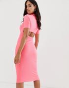 Asos Design Neon Midi Rib Bodycon Dress With Open Back-pink