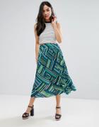 Orion Anna Pleated Abstract Stripe Print Midi Skirt - Green