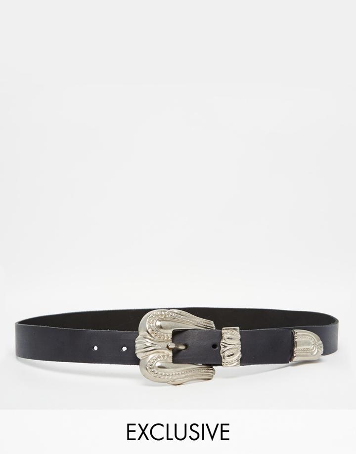 Retro Luxe London Leather Ornate Western Tip Belt - Black