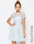 Asos Petite Salon Lace Applique Mesh Mini Skater Dress - Blue