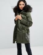 Urbancode Parka Coat With Stitching Detail And Faux Fur Hood - Green
