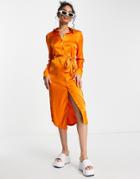 Monki Satin Belted Midi Shirt Dress In Orange