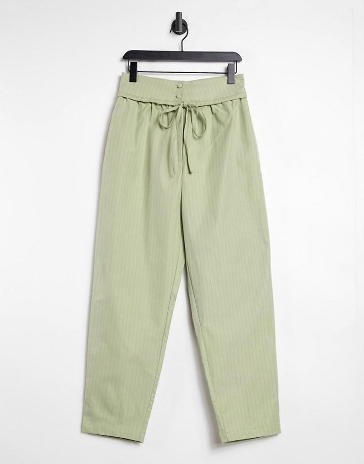 Lost Ink High Waist Pants With Tie Waist Detail In Sage Pinstripe-green