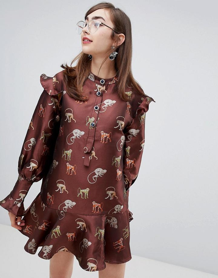 Sister Jane Dress With Peplum Hem And Jewel Buttons In Jungle Embroidery - Brown