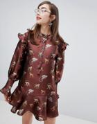 Sister Jane Dress With Peplum Hem And Jewel Buttons In Jungle Embroidery - Brown