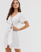 Moon River Asymmetric Mini Dress With Button Detail-white
