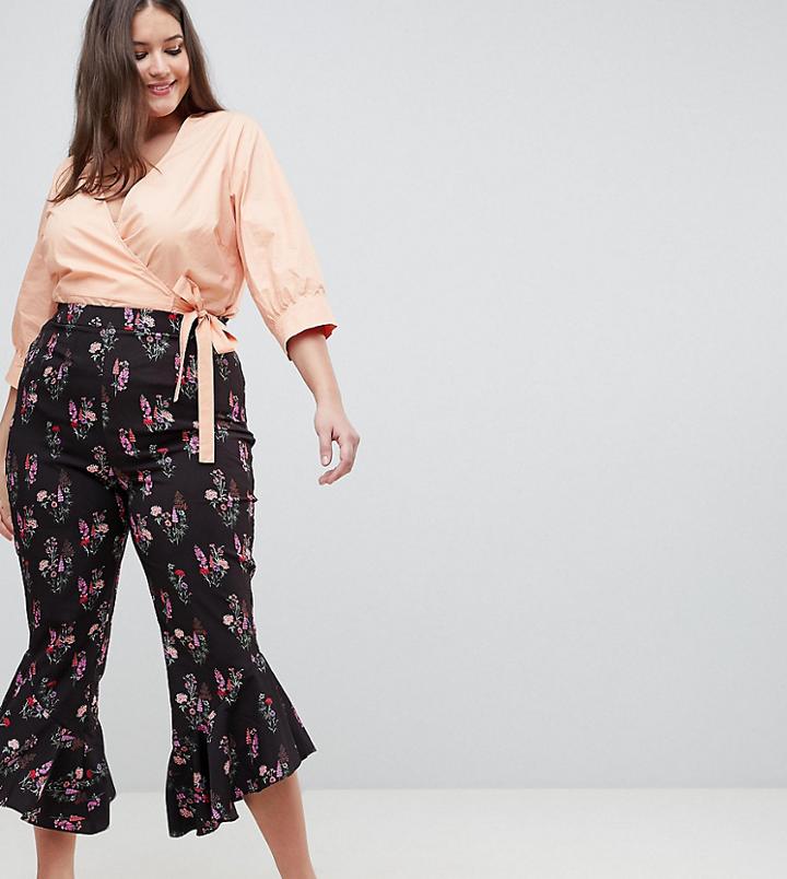 Fashion Union Plus Pants With Ruffle Hem In Vintage Floral - Black