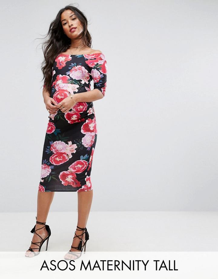 Asos Maternity Tall Bardot Dress With Half Sleeve In Dark Floral Print - Multi