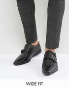Asos Wide Fit Monk Shoe In Black Leather With Embossing - Black