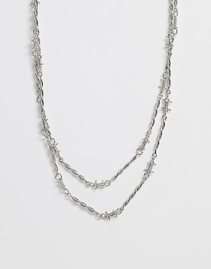 Asos Design Barbed Wire Inspired Necklace In Burnished Silver Tone - Silver