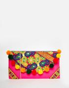 Moyna Foldover Clutch Bag With Embroidery And Pom Pom Trim