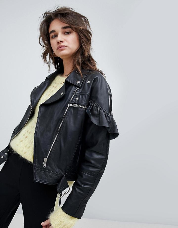 Gestuz Leather Jacket With Frill Sleeve Detail - Black