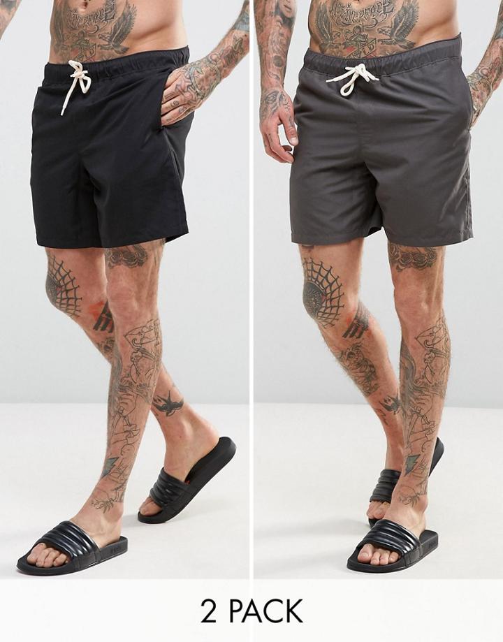 Asos Swim Shorts 2 Pack In Black & Gray In Mid Length Save - Multi