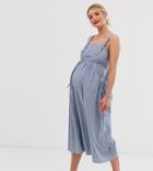 Asos Design Maternity Overall Midi Sundress With Pocket Detail In Chambray-blue