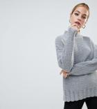 Fashion Union Petite High Neck Sweater In Multi Rib Knit - Gray