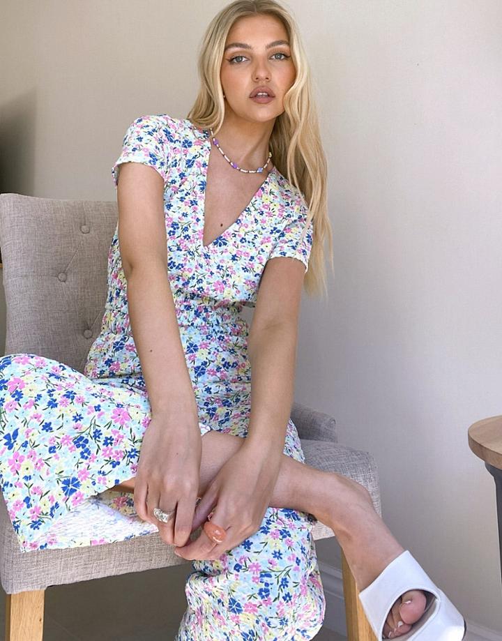 Asos Design Puff Sleeve Textured Jumpsuit In Pastel Floral-multi