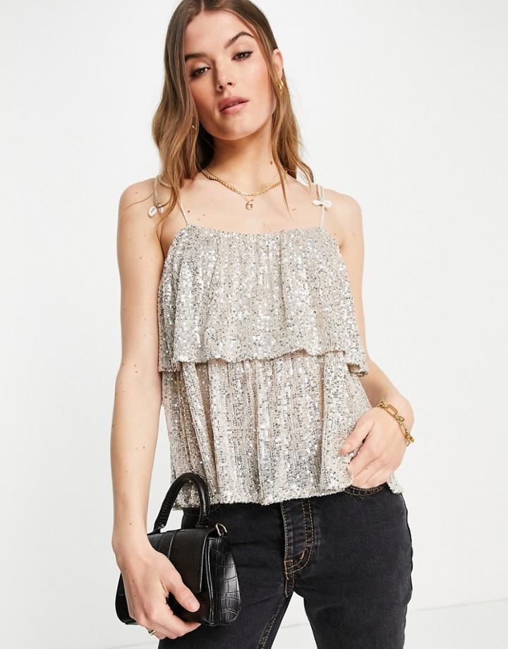 River Island Sequin Cami Top In Silver