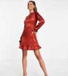 Flounce London Tall Long Sleeve Backless Mini Dress In Cinnamon-brown
