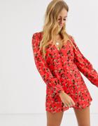 Asos Design Button Front Swing Romper In Red Ditsy Floral-multi