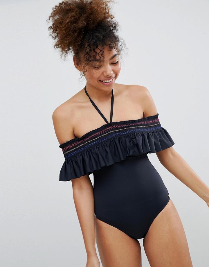 Esprit Frill Off The Shoulder Swimsuit - Black