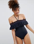 Esprit Frill Off The Shoulder Swimsuit - Black