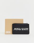 Asos Design Leather Cardholder With Zip And Slogan Detail - Black