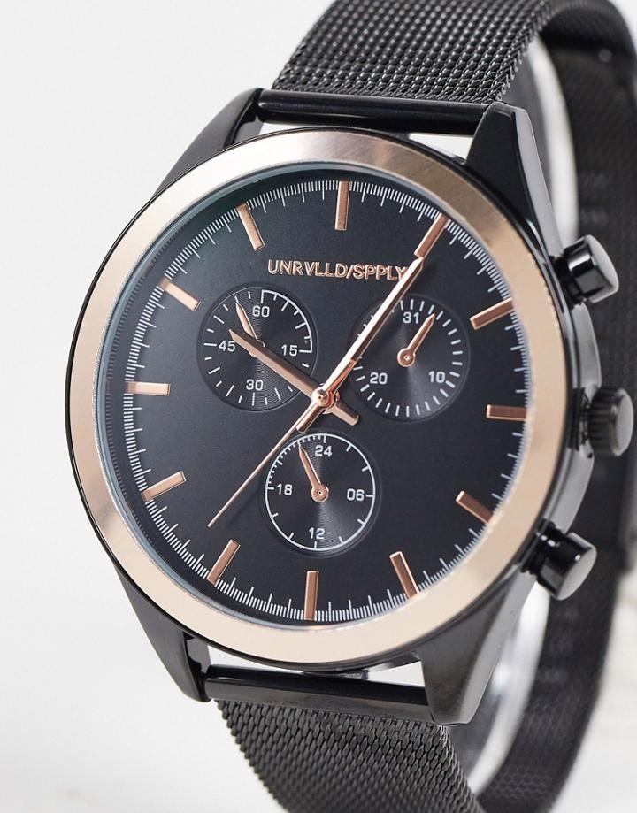 Asos Design Stainless Steel Mesh Watch With Rose Gold Highlights In Black