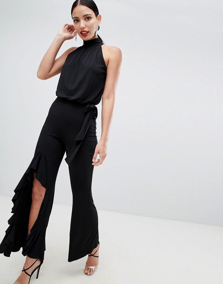 Flounce London High Neck Wide Leg Jumpsuit In Black - Black