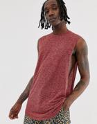 Asos Design Relaxed Sleeveless T-shirt With Extreme Dropped Armhole In Linen Mix In Burgundy - Red