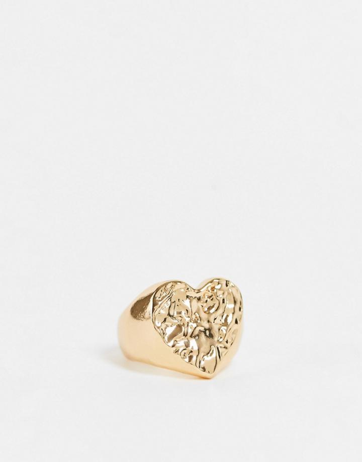 Designb London Chunky Hammered Heart Signet Ring In Gold